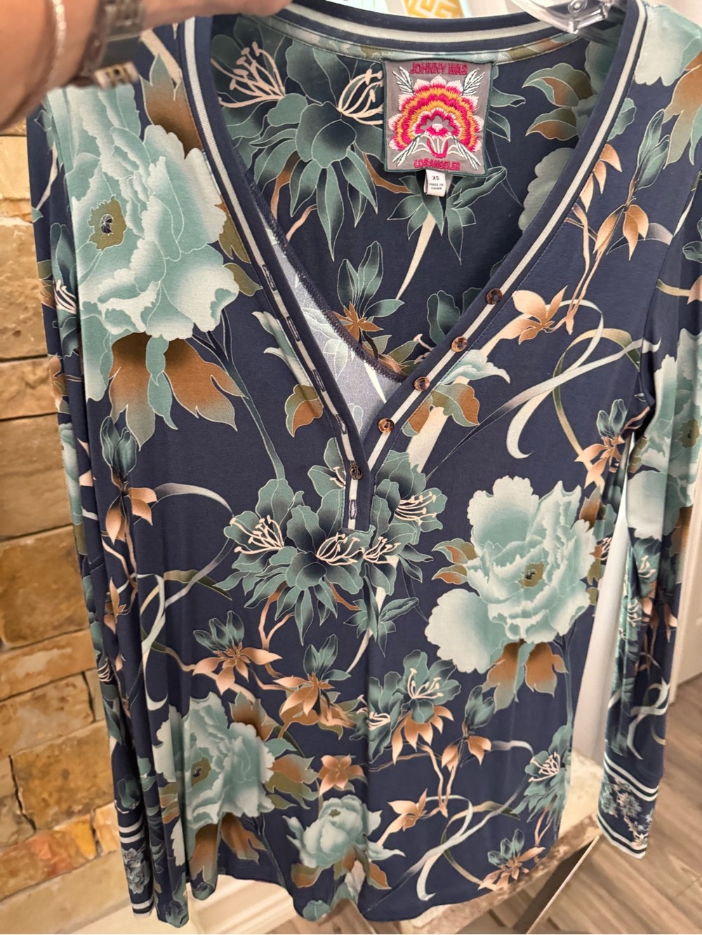 Johnny Was Navy Floral V-Neck Long Sleeve Tee with Teal and Cream Blooms